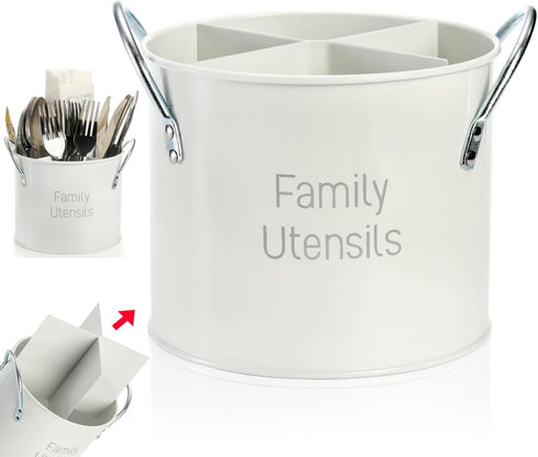 4 Compartment Kitchen Utensil Holder, 5.7 Inch Large Metal Utensil Caddy for Countertop, Utensil Crock Organizer with Removable Divider, Silverwar...