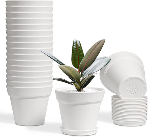 T4U 4 Inch Plant Pots 18-Pack - Small Plastic Planter with Drainage Hole and Saucer, Decorative Nursery Flower Pot Bulk for African Violet, Snake ...