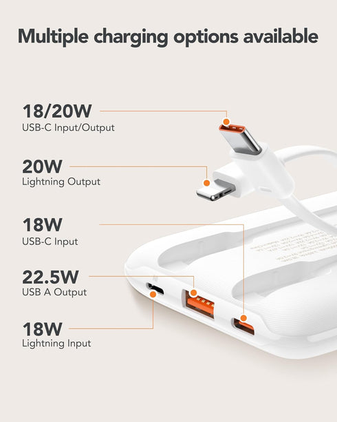 Mini Portable Charger for iPhone - 10000mAh Small PD 22.5W Fast Charging Power Bank with Built-in Cables - Travel Essentials USB C Slim Battery Pa...