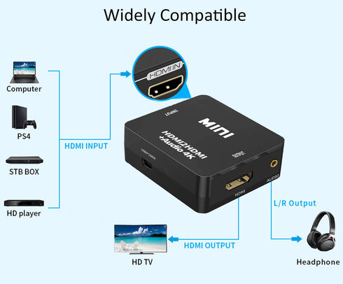 HDMI Audio Extractor, 4K HDMI to HDMI Splitter 3.5mm AUX Audio 1080P, Compatable for TV, PC, PS3/4/5, Blu-ray/DVD/HD Player, Projector, Sound Syst...