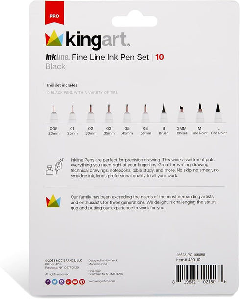 KINGART 430-10 PRO Inkline Black Micro Line & Precision Graphic Pens, 10 Assorted Nibs, BLACK Archival Waterproof Japanese Ink for Art, Illustrati...