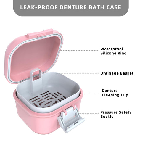 ARGOMAX Leak Proof Denture Bath Cup, Portable Soaking Denture Box, Denture Bath Case with Strainer, for Dentures and Braces (Pink + White)....