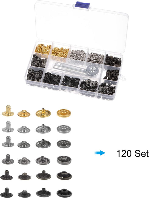 uxcell 120 Sets Leather Snap Fasteners Kit 10mm Metal Press Studs Buttons Tool with 4 Setter Tools & Storage Box for Clothing Leather Sewing...