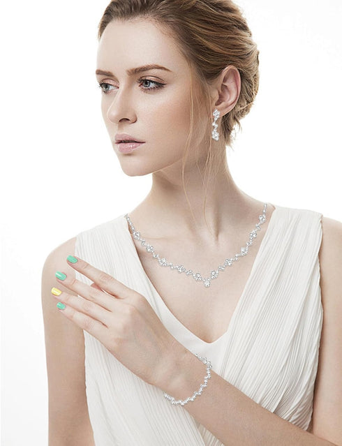 Wedding Jewelry Set for Women, Set of 3 Rhinestone Bridal Necklace Dangle Earrings Bracelet Set, White Silver Plated Bridal Jewelry Set, Wedding P...
