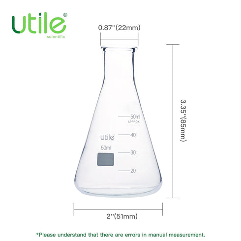 Utile Glass Erlenmeyer Flask Set, 50ml Narrow Mouth Erlenmeyer Flasks, 6pcs of Borosilicate 3.3 Glass Conical Flasks for Laboratory with Printed G...