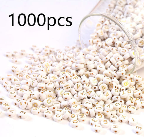DAHI 1000pcs gold letter beads Acrylic Alphabet Beads A-Z Letter Beads for Jewelry Making Alphabet Beads (round gold white)...