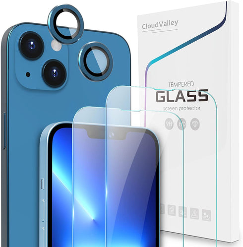 CloudValley 2 Pack Screen Protector Compatible with iPhone 13 6.1" + Camera Lens Protector, 9H Hardness HD Tempered Glass Film with Aluminum Alloy...
