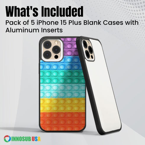 INNOSUB USA Sublimation Phone Cases Set of 5Pcs – Protective Case Compatible with iPhone 15 Plus Includes Aluminum Inserts – Soft Rubber Blank Bla...