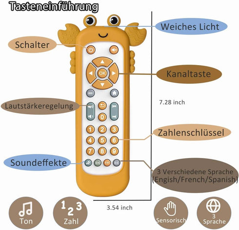 Baby TV Remote Control Toy with Soft Silicone Cute Carb Cover, Musical Realistic Play Remote Toy with Light and Sound, 3 Language Educational Lear...