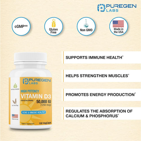 Puregen Labs Vitamin D3 50,000 IU (1250 mcg) 100 Weeks Supply for Healthy Muscle Function, and Immune Support, Non-GMO, Gluten Free 100 Vegetable ...