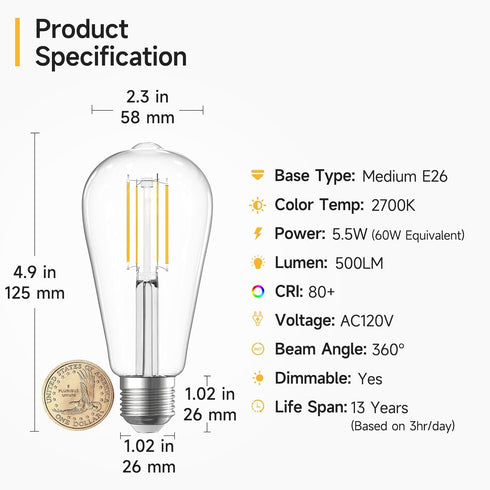 SHINESTAR 8-Pack Edison Bulbs, Warm White 2700K, E26 LED Bulb 60 Watt Equivalent, Dimmable Vintage Light Bulbs...