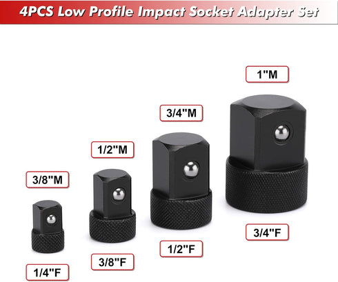 CASOMAN 4PCS Low Profile Impact Socket Adapter Set, CR-MO, 1/4"F to 3/8"M, 3/8"F to 1/2"M, 1/2"F to 3/4"M, 3/4"F to 1"M, Designed for impact use...