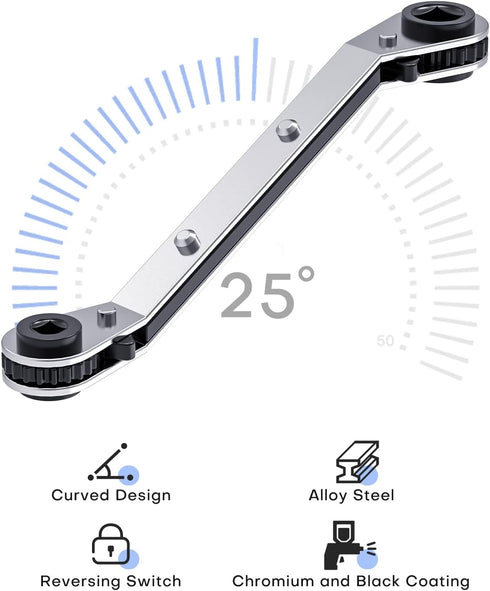 HVAC Service Wrench, Refrigeration Ratcheting Curved Wrench 3/8” 1/4” 5/16'' 3/16'' AC Wratchet Tool with Hex Bit Adapter UIInosoo for Air Conditi...