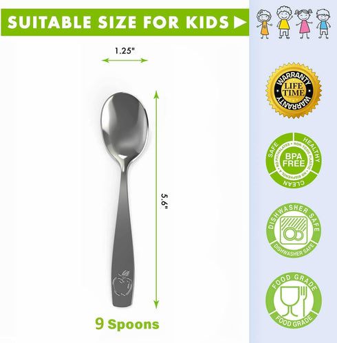 9 Piece Stainless Steel Kids Spoons - Child and Toddler Safe Flatware - Kids Utensil Set - Metal Kid Cutlery Set, Dinner Spoon Set for Dessert - I...