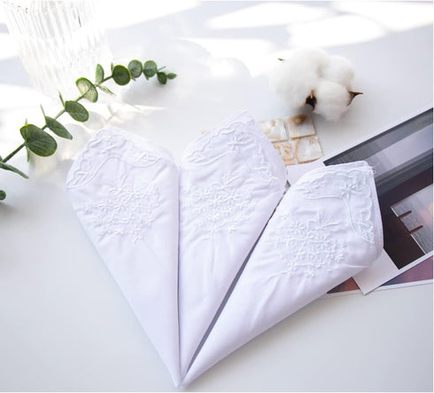 Womens Embroidered Scalloped Handkerchiefs Cotton White Wedding Hankies...