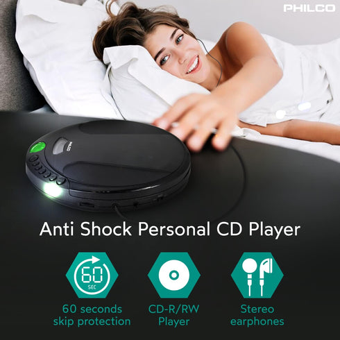 PHILCO Personal CD Player with 60 Second Anti-Shock - Portable, Compact, and Easy to Use - includes Headphones...