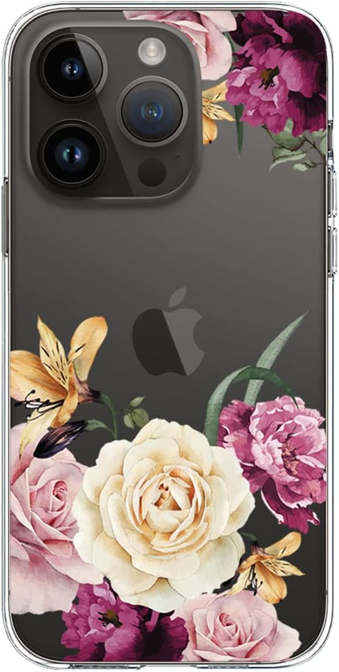 Case Compatible with iPhone 14 Pro Case, Slim Fit Crystal Clear Floral Pattern Pink Purple Flowers Design, for Girls Woman Hard Back Soft Bumper S...