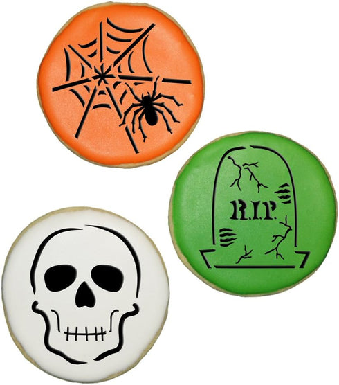 Designer Stencils Scary Halloween Cookie Stencil Set, (Spider Web, Skull, Gravestone), Beige/semi-transparent...