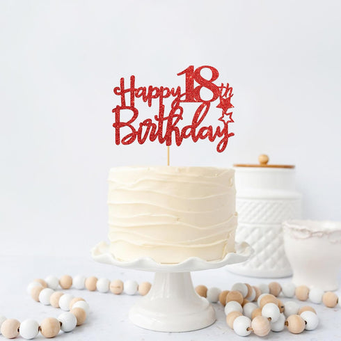 Red Glitter Happy 18th Birthday Cake Topper - Eighteen Cake Topper - 18th Birthday Party Supplies - Cheers to 18 Years Party Decorations...