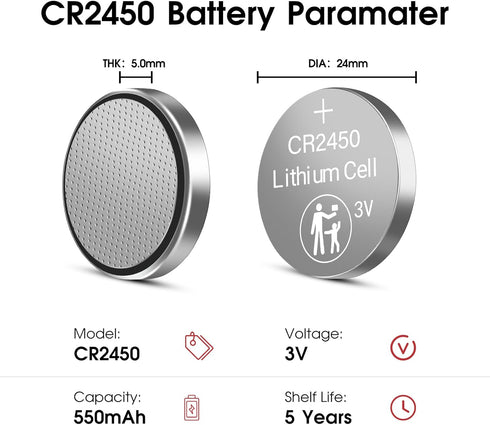 CR2450 3V Lithium Battery, 20 Pack, 3V Button Cell Battery, Lithium Coin Battery for Watches, Calculators, Car Remote, Key Fob...