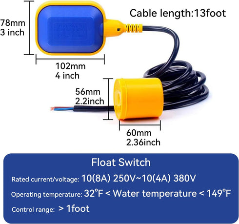 Float Switch, 4M 13ft Cable Float Switch Water Level Controller Sump Pump Float Switch Universal Water Level Sensor for Ground Water Bilge Pump an...