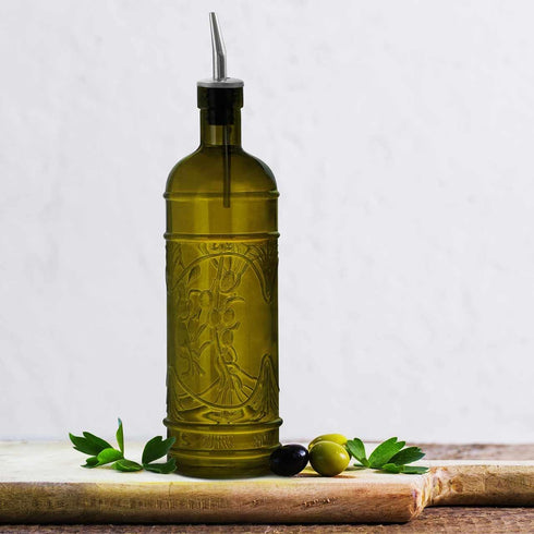 Couronne Company Olive Branch Recycled Glass Oil or Vinegar Bottle with Pour Spout, , 11 Inch Tall, 16.1 Ounce, Vintage Green, 1 Piece, 475ml...