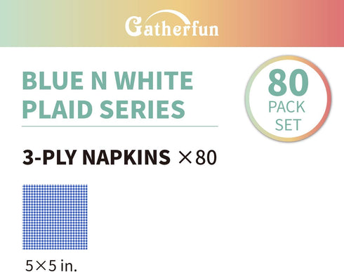 Gatherfun Cocktail Napkins 3-ply 80PCS Blue and White Gingham disposable Paper Napkins Beverage napkins for Restaurant Bar Picnic Birthday Party...