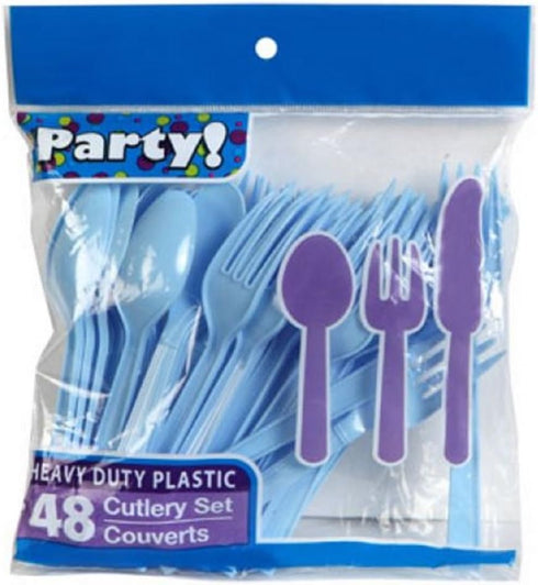 Baby Blue & Light Pink Heavy Duty Plastic Cutlery Sets - 16 Spoons, 16 Forks, 16 Knives - 2 packs of 48 each 96 pcs total - One Blue & One Pink...