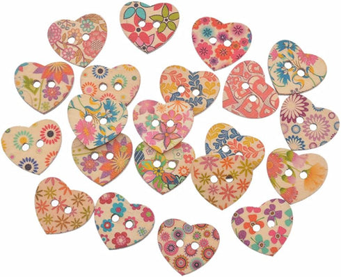 AKOAK 50 Pack 25MM 2-Hole Mixed Flower Pattern Printed Wooden Peach Heart Shaped Buttons Wood Sewing Buttons DIY Scrapbooking Clothe Buttons...