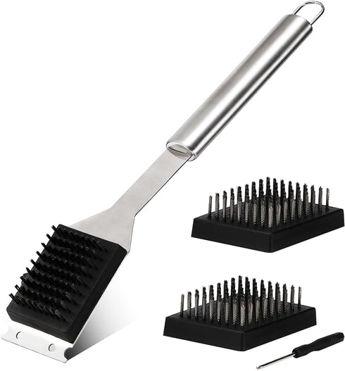 16.5” Grill Brush and Scraper with 2 Brush Replacements & 1 Screwdriver, Wire BBQ Grill Brush for Outdoor Grill, 304 Stainless Steel Cleaning Brus...