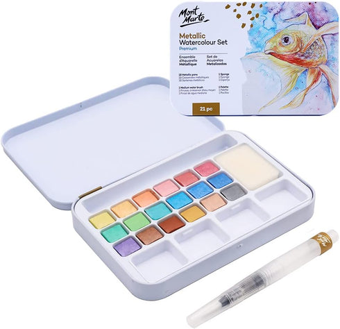 Mont Marte Premium Metallic Watercolor Cake Set, 21 Piece, 18 Colors, 1 Water Brush, 1 Sponge, 4 Mixing Wells...