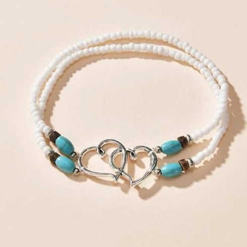 Heart Ankle Bracelet for Women Double Layered Elastic Beaded Anklet Seed Bead Turquoise Stretch Ankle Bracelet Double Hollowed Heart Anklet Boho S...