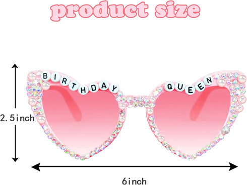 Birthday Glasses for Women, Birthday Queen Sunglasses Pink Heart Shaped Shiny Bling Diamond Pearl Sunglasses for Girl Happy Birthday Party Gift Su...