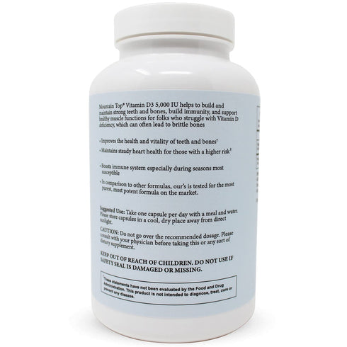 MOUNTAIN TOP Vitamin D3 5000 IU 125mcg Capsules (300 Count) Helps Support Immune Health, Strong Bones and Teeth, & Muscle Function - Non-GMO, Glut...