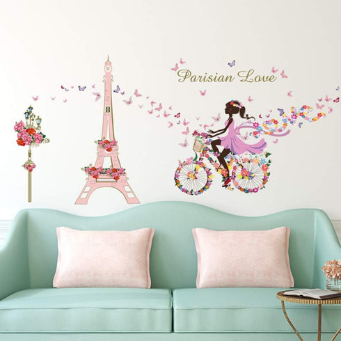 Girl Bicycle Wall Stickers Flowers Eiffel Tower Wall Decals Mural for Kids Bedroom Living Room...