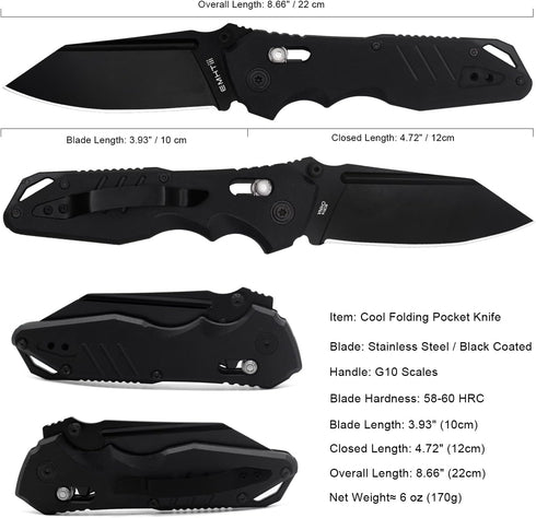 Pocket Folding Knife for Men: 3.93" Stainless Steel All Black Blade, Axis Lock, G10 Scales with Clip, EDC Knives Great for Outdoor, Camping, Hikin...