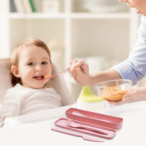 Reusable Travel Utensils Set with Case, 6 Sets Wheat Straw Portable Knife Fork Spoons Cutlery, Eco-Friendly BPA Free Plastic Tableware for Kids Ad...