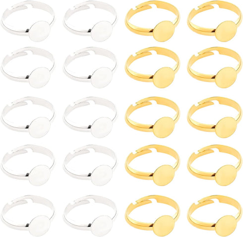 PH PandaHall 40pcs 2 Colors Adjustable Flat Ring Base Blank, Metal Round Finger Ring Trays Ring Blanks with 8mm Flat Base Rings Cabochon Base Beze...