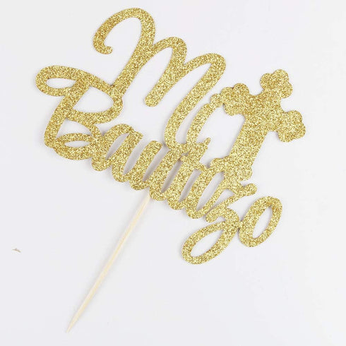PALASASA Gold Glitter Mi Bautizo Cake Topper - Religious God Bless Me Cross Cake Décor - Holy First Communion Baby Shower - Christening Feliz Cump...