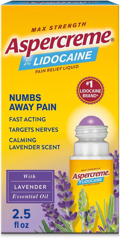 Aspercreme Essential Oils Lidocaine Pain Relief with No-Mess Roll-On Applicator, Max-Strength Lidocaine Numbs Away Nerve Pain, Moisturizing Aloe H...