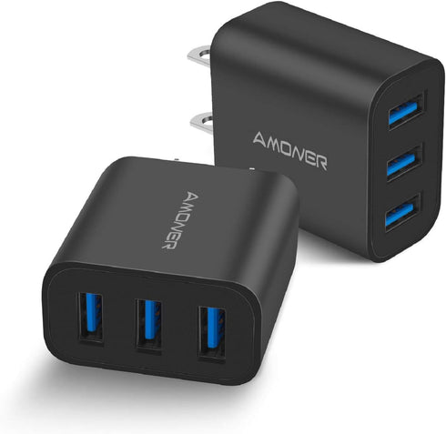 Amoner Wall Charger, Upgraded 2Pack 15W 3-Port USB Plug Cube Portable Wall Charger Plug for iPhone Xs/XS Max/XR/X/8/7/6/Plus, iPad Pro/Air 2/Mini ...