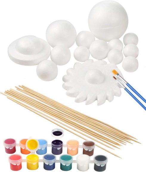Pllieay Solar System Model Foam Ball Kit Includes 14PCS Mixed Sized Polystyrene Spheres Balls, 12PCS Bamboo Sticks, 12 Color Pigments, 2PCS Painti...