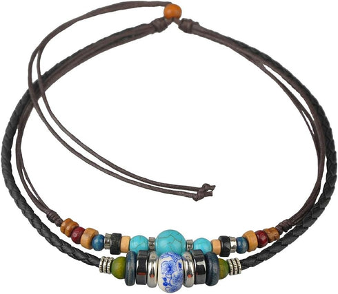 Adjustable Hemp Leather Cords Choker Necklace Turquoise Beads...