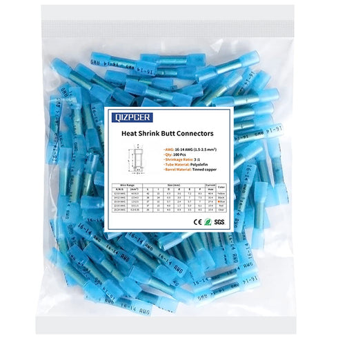 100 Pcs Blue Heat Shrink Butt Connectors, 16-14 AWG Waterproof Electrical Crimp Wire Splice for Marine, Cable, Wiring...