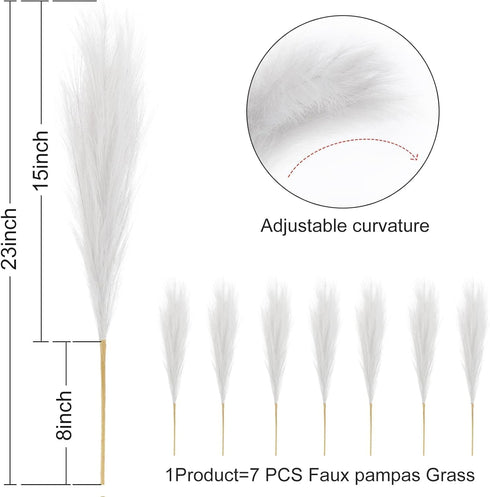 7 PCS Faux Pampas Grass, 23"/60cm White Pampas Grass Decor,7 Branches | Each Stem Fluffy Small Pompous Grass for Vase Filler in Table Vase Decor f...