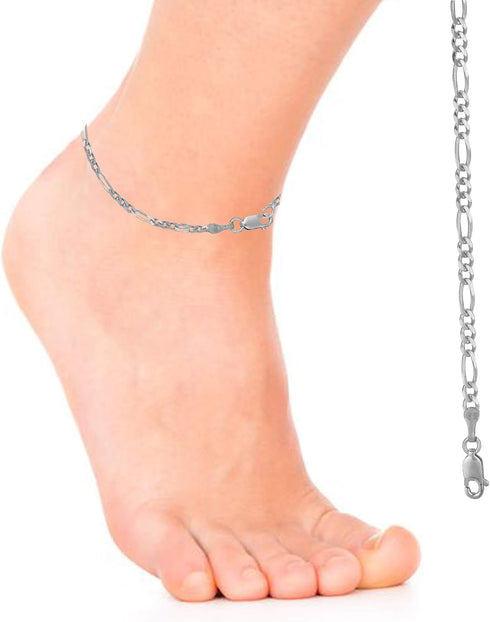 Ritastephens Sterling Silver or Gold Tone Italian 2.1mm Figaro Link Chain Anklet, Bracelet, or Necklace...