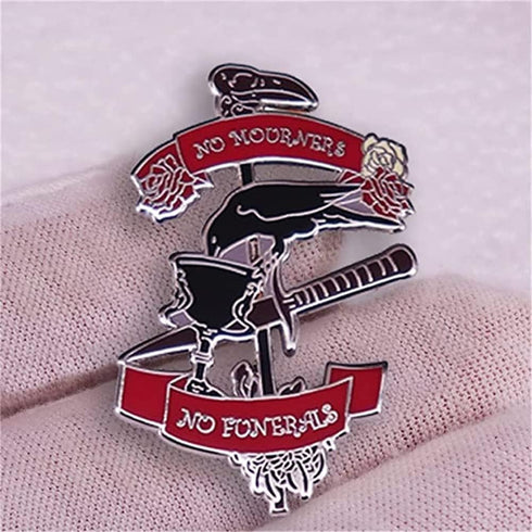 No Mourners No Funerals Hard Enamel Pin Gothic Black Crow Drinking Poniard Brooch Cartoon Red Rose Plant Pins Six Crows Badge...