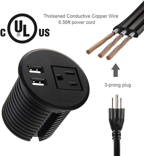 Desktop Power Grommet 2 3/8 inch Hole Table Power Grommet Outlet with 2 USB Charging Ports,6.5ft Extension Cord Desk Power Strip with 1 Outlets fo...