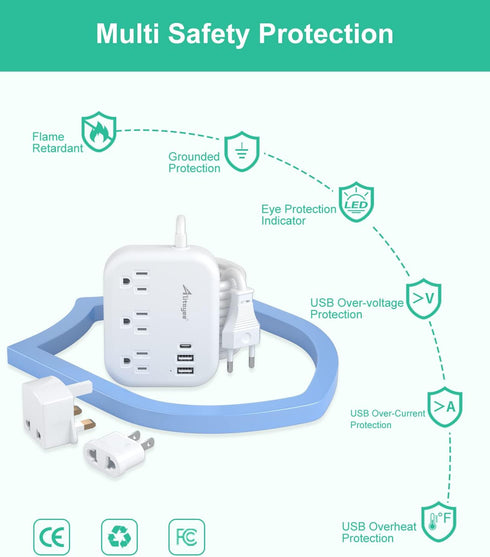 European Travel Plug Adapter, Alitayee EU/UK/US Travel Power Strip with 3 Outlets 3 USB Ports, International Universal Plug Adapter with 3ft Exten...