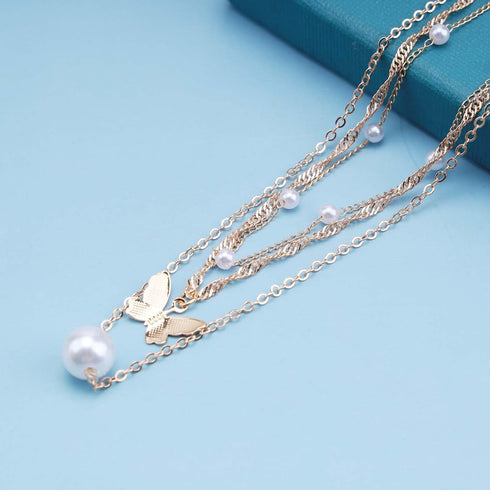 Bohemia Layering Necklace Choker Chain Gold Butterfly Pendant Necklace Chain Floating Pearl Choker Necklace Pearl Beads Necklace Jewelry for Women...